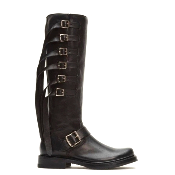 Frye Shoes - FRYE Veronica Strap Black Leather Fringe Moto Retro belted knee high boots